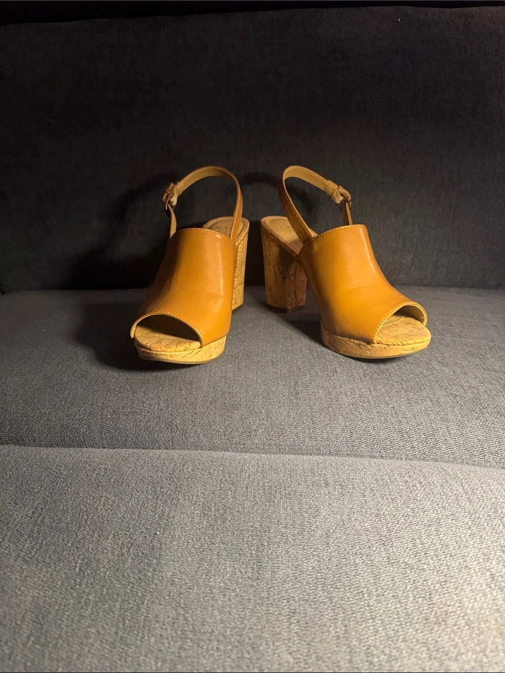 Naturalizer Mustard Tan Cork Block Heel Slingback Wedges
